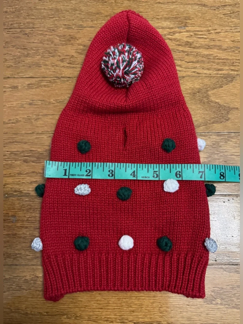 Martha Stewart Red, Green, White, & Silver Pom Pom Hoodie Puppy/Dog Sweater, XS